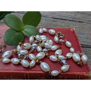 Vintage Bill Blass Faux Pearl Bronze Crystal Necklace